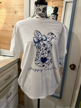 Happy Easter White Women’s Tee with Blue Bunny Graphic